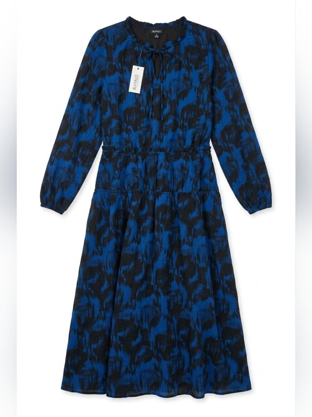 NWT Medium Virlen Long Sleeve Tie-neck Printed Midi Dress, Navy Boho Cottagecore